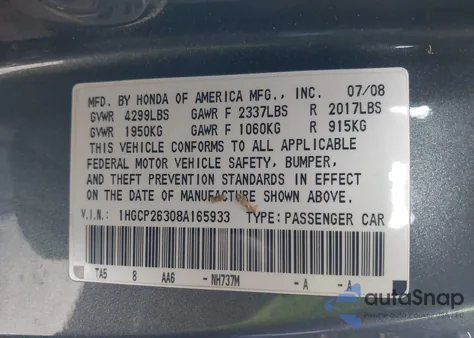 2008 Honda Accord 2.4 Lx z USA, uszkodzony, nr VIN 1HGCP26308A165933